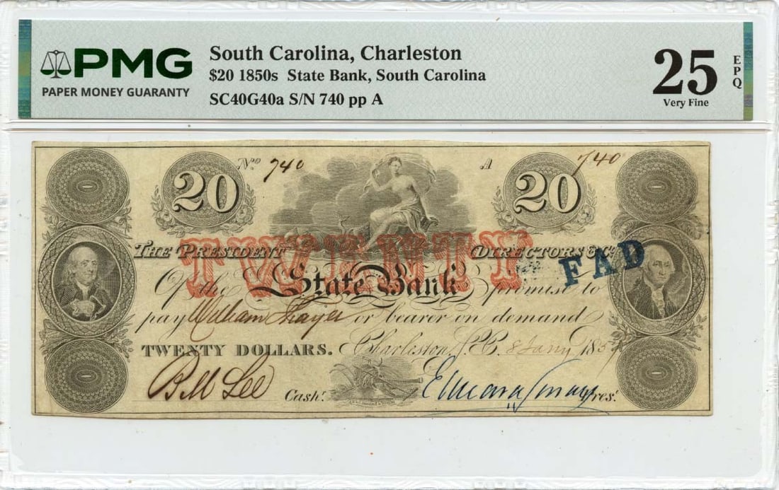 1857 $20 Charleston, South Carolina Obsolete Note State Bank PMG VF25 EPQ (1 of 1)