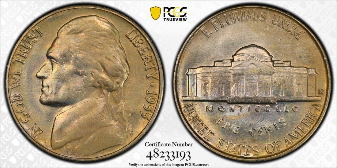 1955 D JEFFERSON NICKEL 5C PCGS MS 66 MINT UNC MINOR VARIETY OVERMINTMARK (193) (1 of 5)