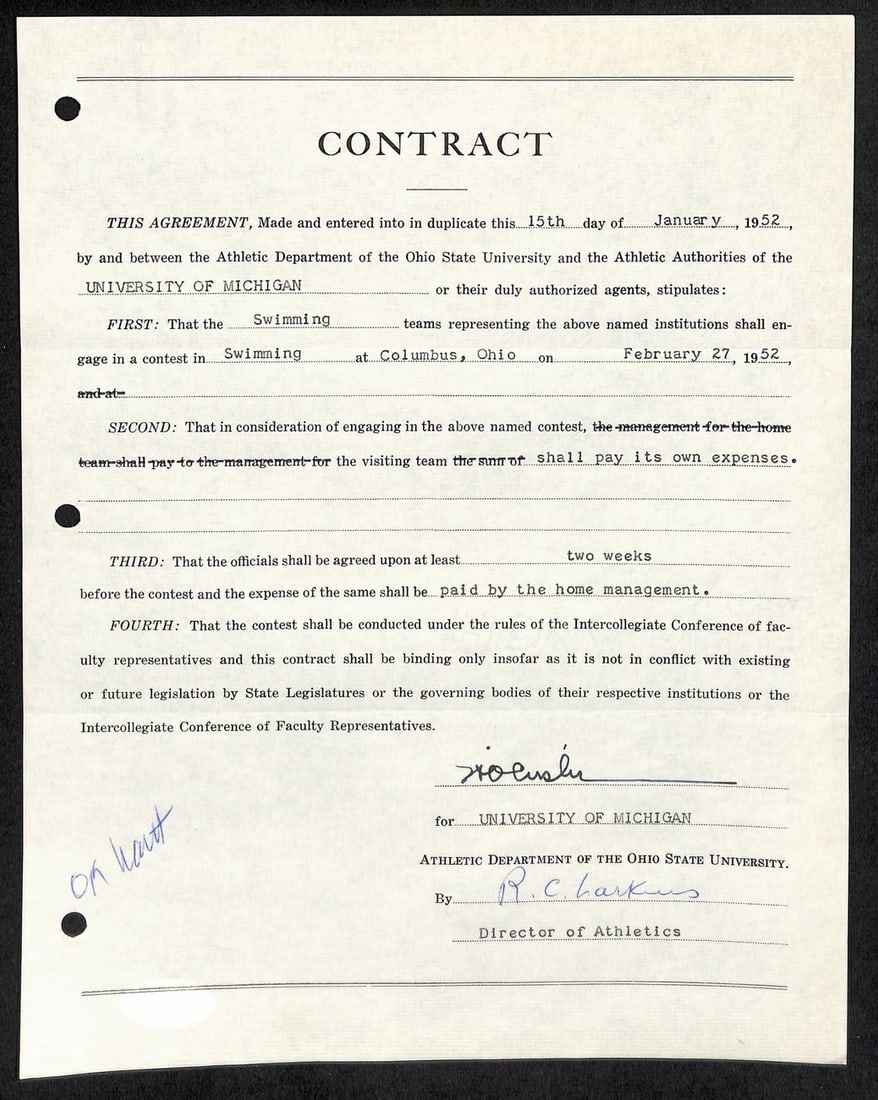 Fritz Crisler CFB HOF Signed 1952 Contract University of Michigan JSA 185589 (1 of 3)