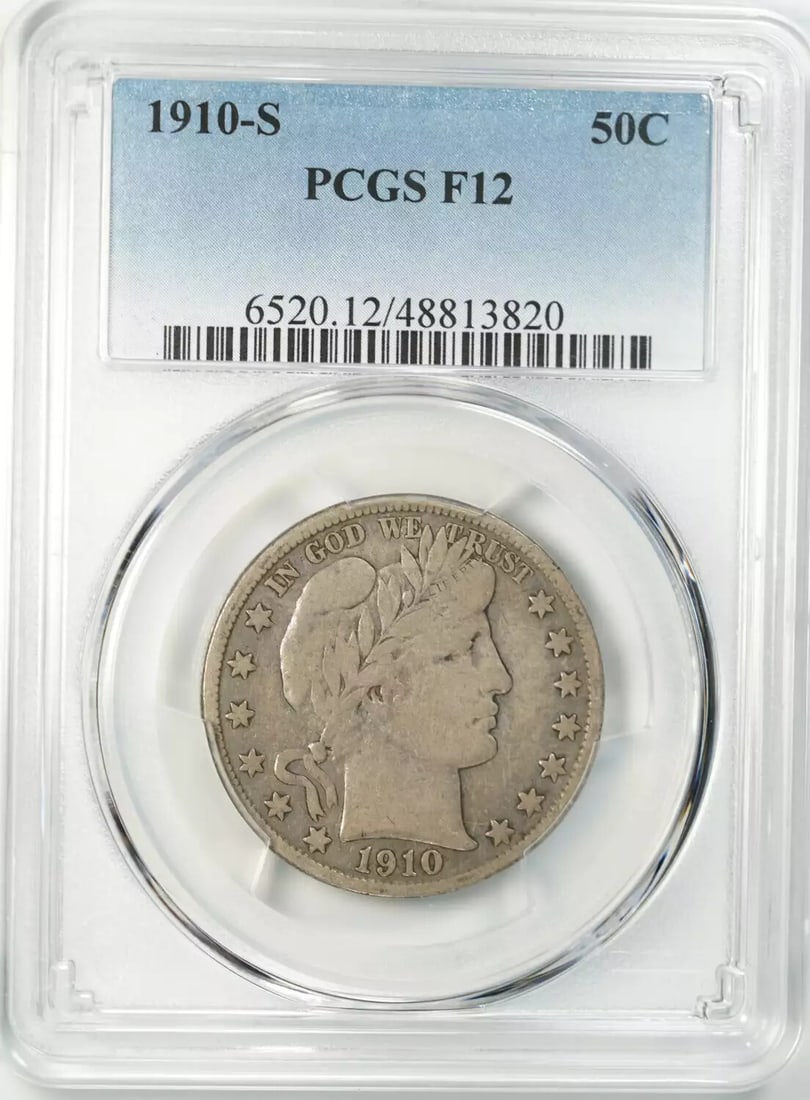 1910 S BARBER HEAD HALF DOLLAR 50C PCGS CERTIFIED F 12 FINE (820) (1 of 4)