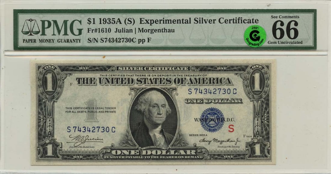 1935A $1 Silver Certificate (S) Experimental FR#1610 PMG GEM 66 EPQ GCC Green (1 of 1)