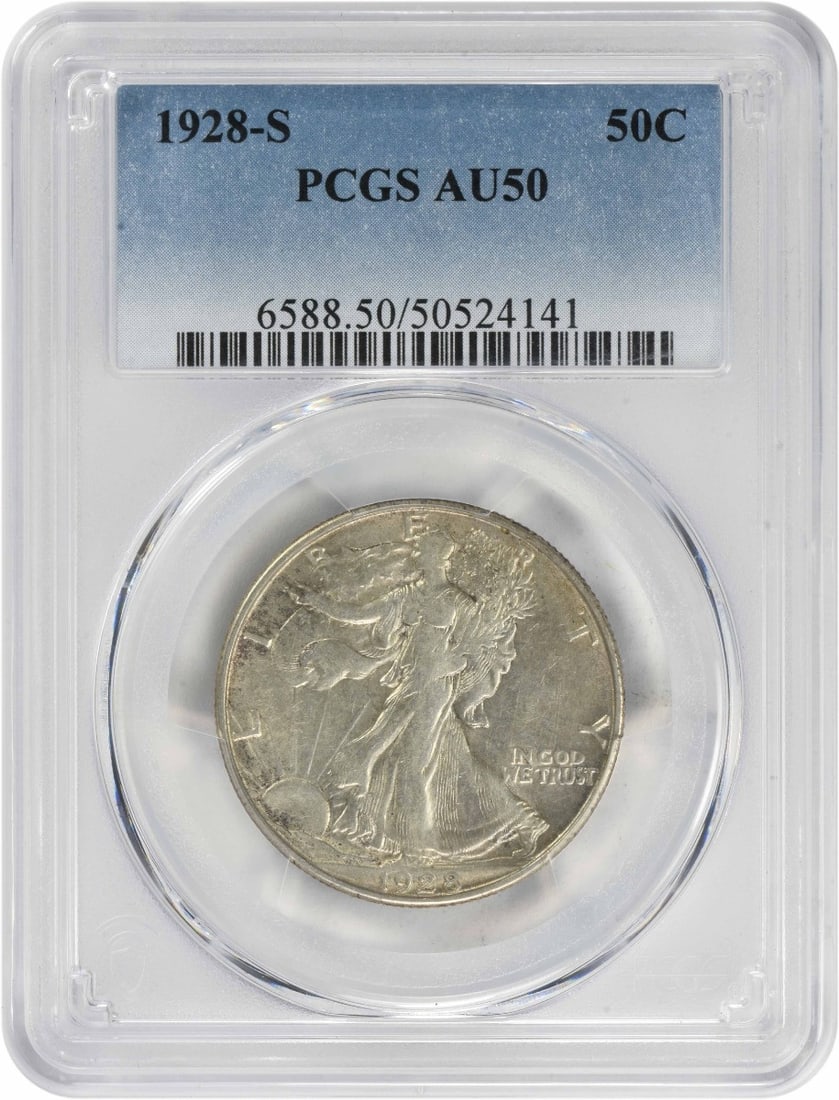 1928-S Walking Liberty Silver Half Dollar AU50 PCGS: 1928-S Walking Liberty Silver Half Dollar AU50 PCGS Experience the iconic design of Adolph Alexander Weinman's 1928-S Walking Liberty Silver Half Dollar, graded AU50 by PCGS. This circulated coin boas