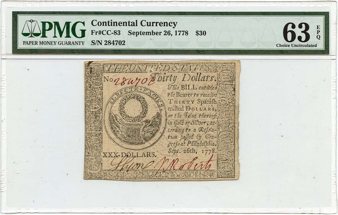 1778 September 26, $30 Continental Currency FR#CC-83 PMG CU63 EPQ Choice (1 of 1)