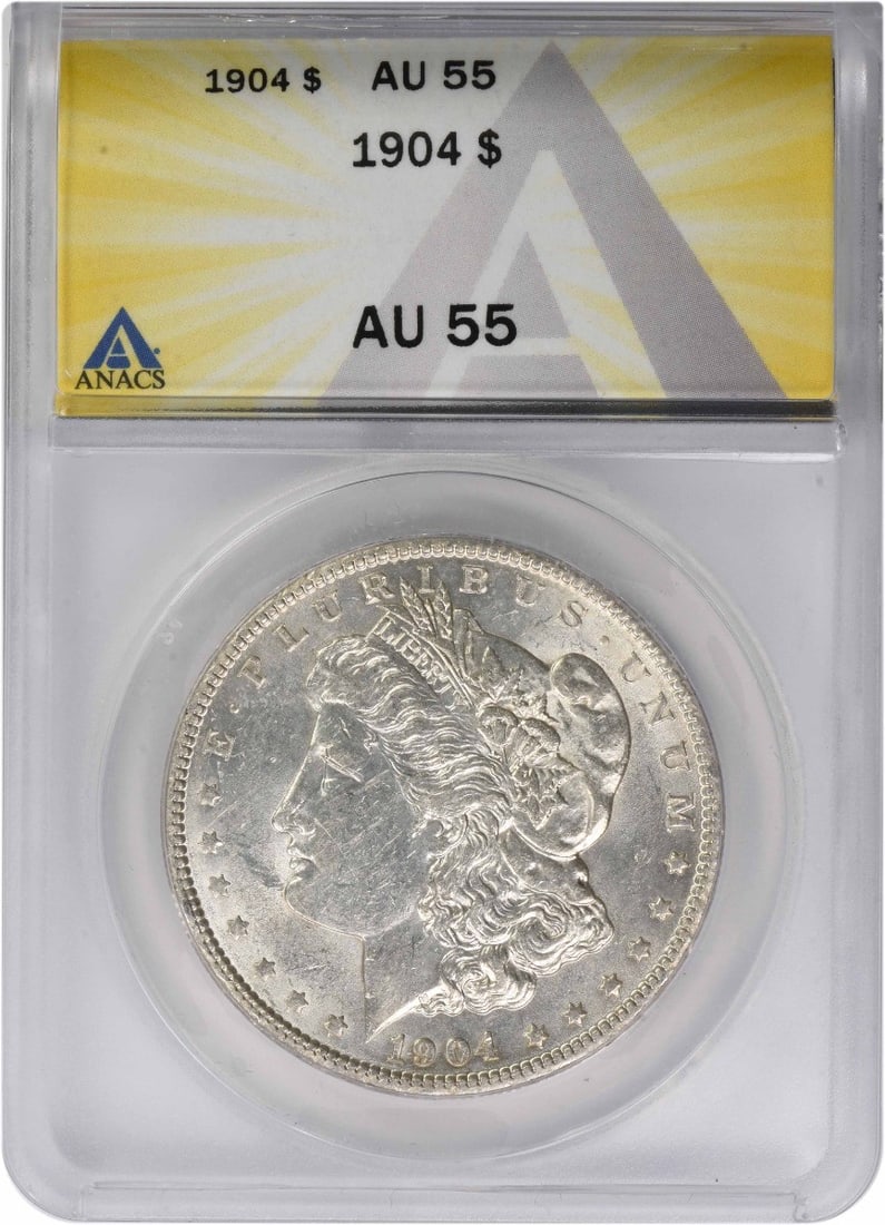 1904 Morgan Silver Dollar AU55 ANACS: 1904 Morgan Silver Dollar AU55 ANACS Experience the beauty of American history with this 1904 Morgan Silver Dollar, certified by ANACS as AU55. Made from 90% silver and 10% copper, this circulated coi