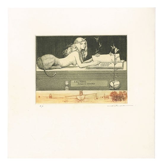 Alphonse Inoue copperplate print Sphinx on coffin autographed Japanese 1995 (1 of 1)