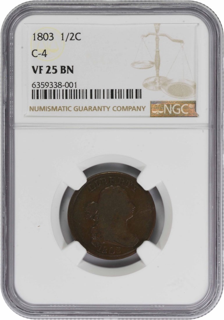 1803 Half Cent VF25BN NGC: 1803 Half Cent VF25BN NGC Experience the charm of early American numismatics with this 1803 Half Cent, certified by the NGC as VF25BN Circulated. Minted in Philadelphia and featuring Robert Scot's ico