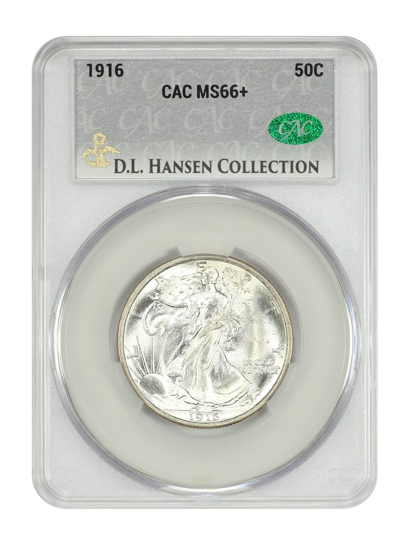 1916 50C CACG MS66+ ex: D.L. Hansen - Walking Liberty Half Dollar: 1916 50C CACG MS66+ ex: D.L. Hansen - Walking Liberty Half Dollar Experience the beauty of the 1916 Walking Liberty Half Dollar, certified by CACG and graded MS66+, with its exceptional strike quality