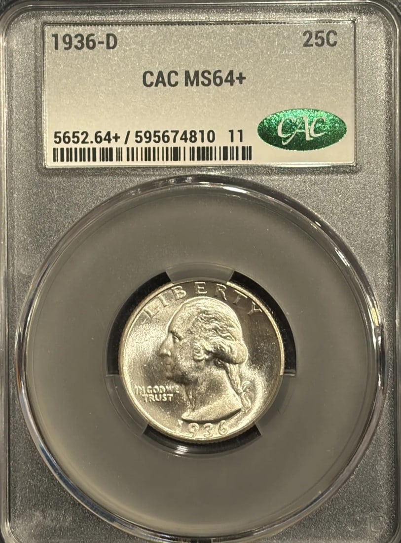 Washington Quarter 1936-D CACG MS64: Washington Quarter 1936-D CACG MS64 A rare and highly sought-after 1936-D Washington Quarter, certified by the Coin Authentication Guarantee (CAC) as MS64+, boasts exceptional condition and authentici