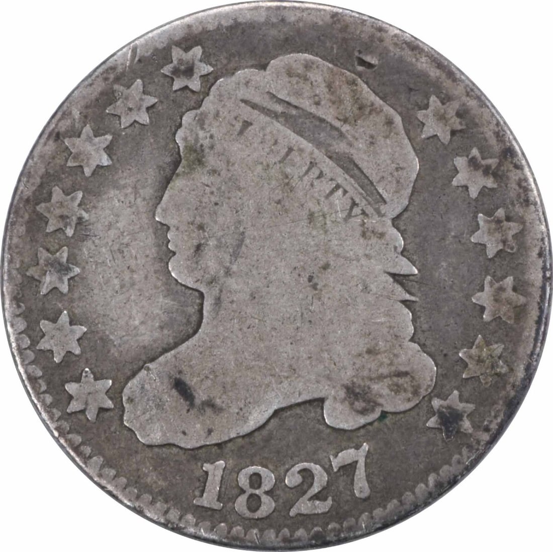 Uncertified silver dime from 1827 is a bust. (1 of 2)