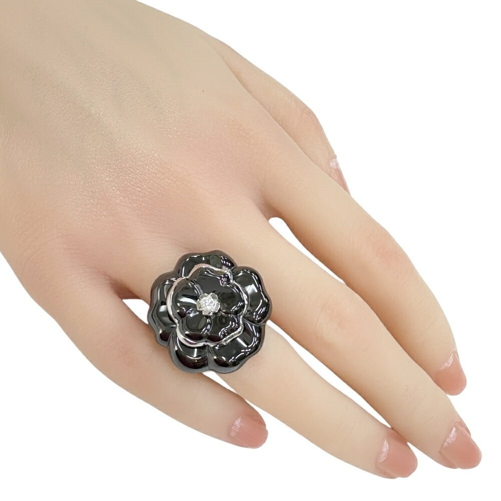 CHANEL Camellia White Gold and Black Ceramic Diamond Ring US5.5-6 (1 of 8)