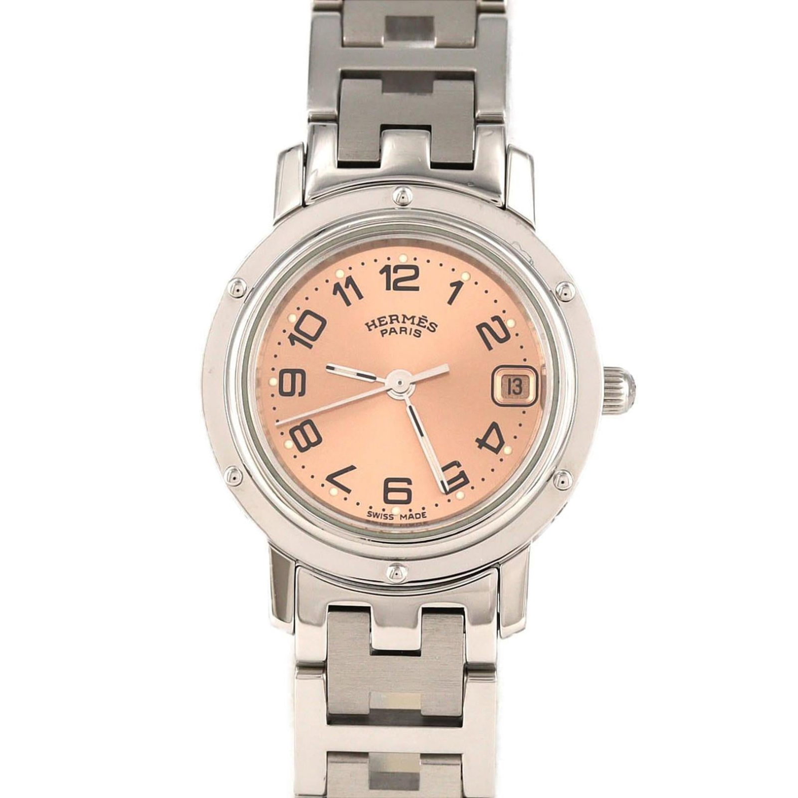Hermes wristwatch: Hermes wristwatch A stunning Hermes wristwatch in pink, boasting sleek stainless steel details and a classic 24mm case that exudes timeless elegance. With its durable stainless steel band and case, th