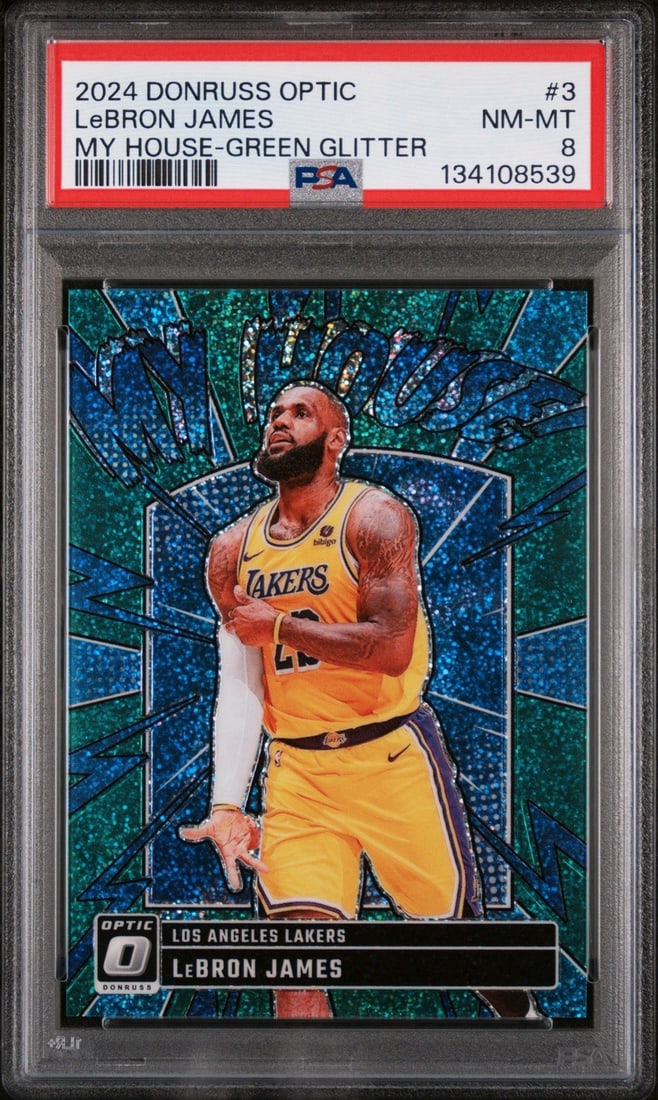 2024 DONRUSS OPTIC LEBRON JAMES #3 MY HOUSE GREEN GLITTER/ 5 PSA 8 (1 of 3)