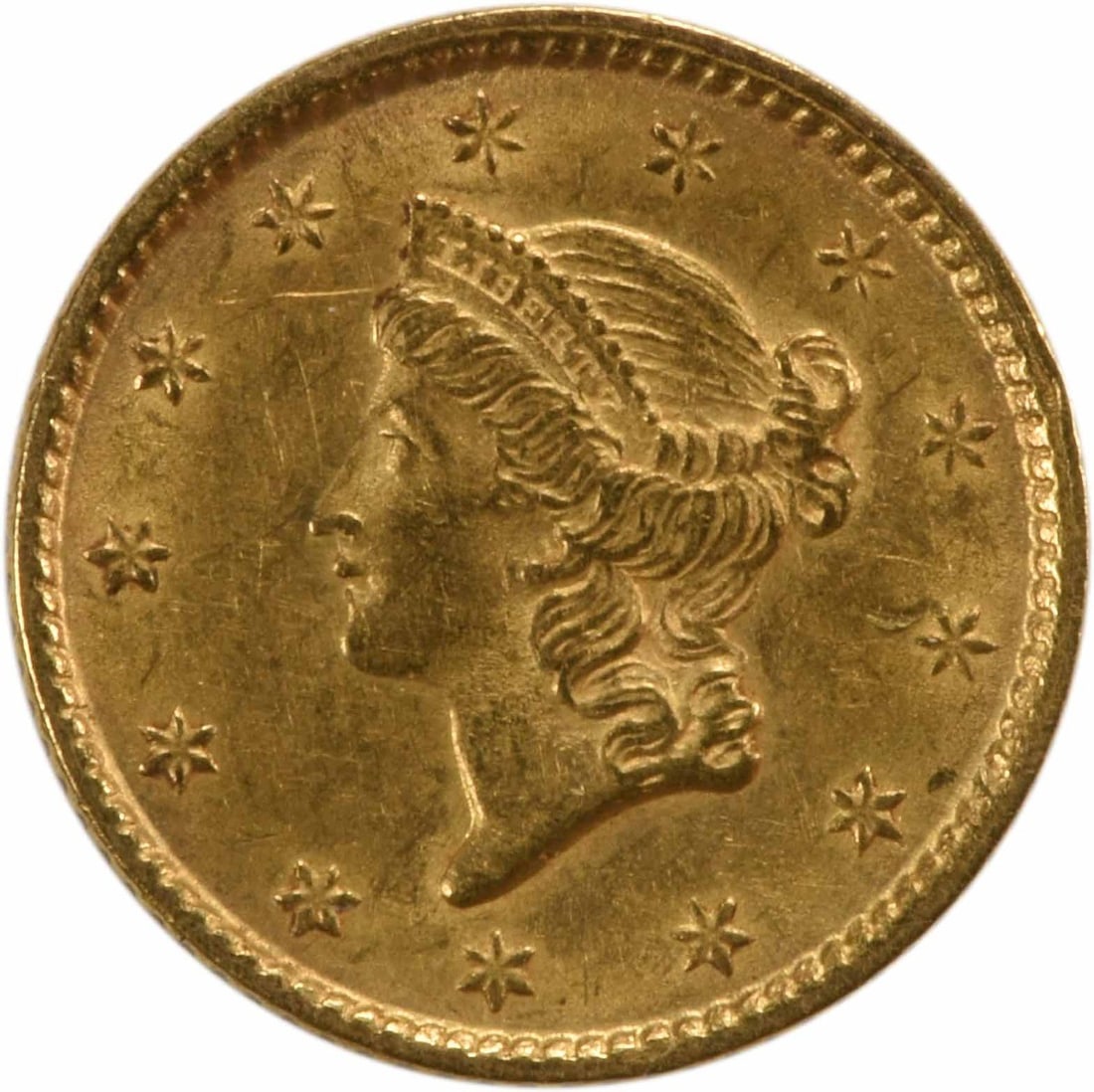 $1 Gold Slider AU Type 1853 Uncertified: $1 Gold Slider AU Type 1853 Uncertified A rare and highly sought-after $1 gold slider from the 1853 Philadelphia mint, certified as Uncirculated with an AU grade of 90% gold and 10% copper composition