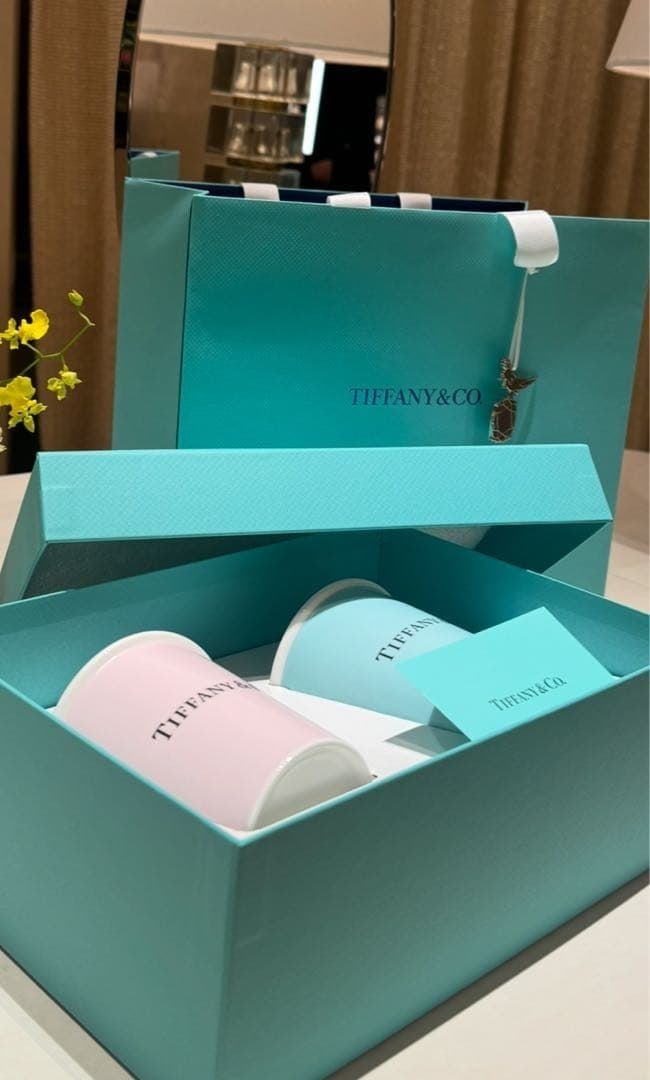 Tiffany & Co. Dual Set Of 2 Pink Blue Coffee Mug Bone China Drinkware With Box (1 of 1)