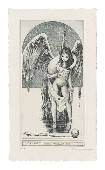 Alphonse Inoue copperplate print Exlibris Bookplate Leda autographed Japanese (1 of 1)