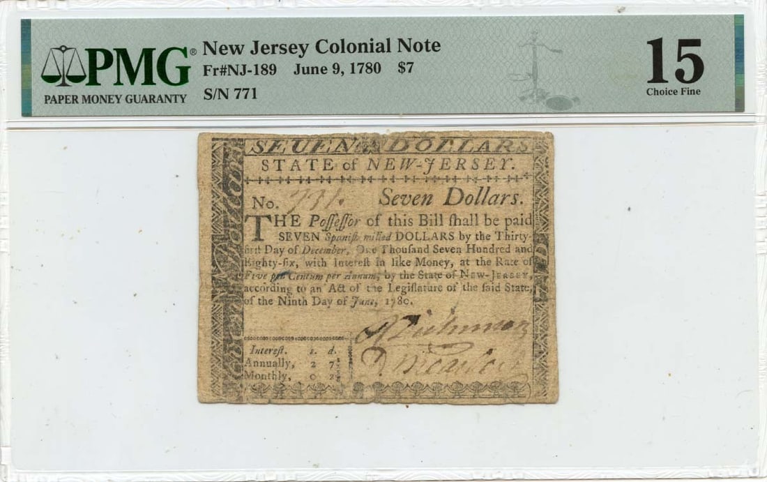 1780 June 9, $7 New Jersey Colonial FR#NJ-189 PMG F15 Brearley Constitution (1 of 1)