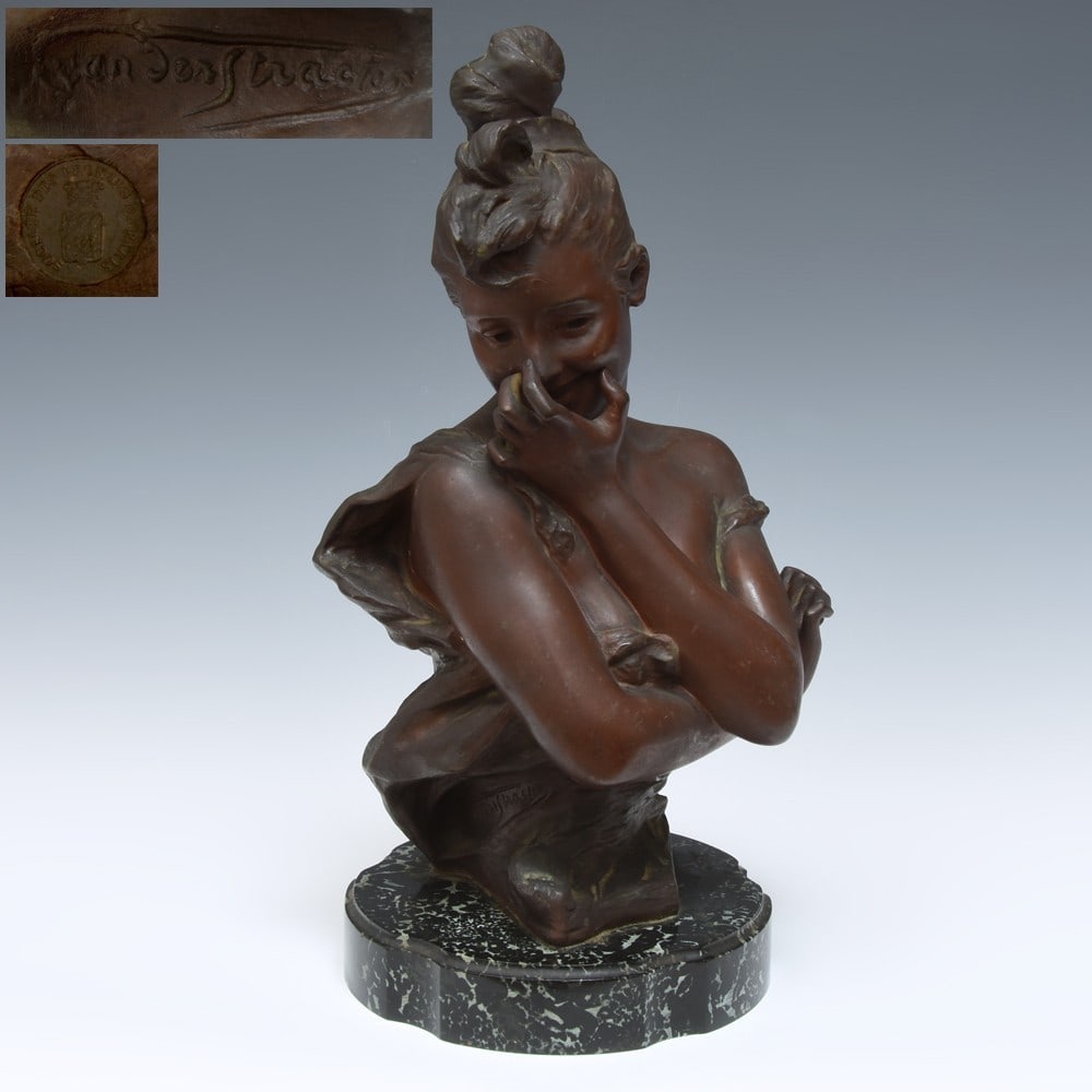 Georges Van der Straeten bronze bust art nouveau shy girl Paris foundry: Georges Van der Straeten bronze bust art nouveau shy girl Paris foundry A stunning Art Nouveau bronze bust of a shy girl, crafted by renowned artist Georges Van der Straeten in the early 20th