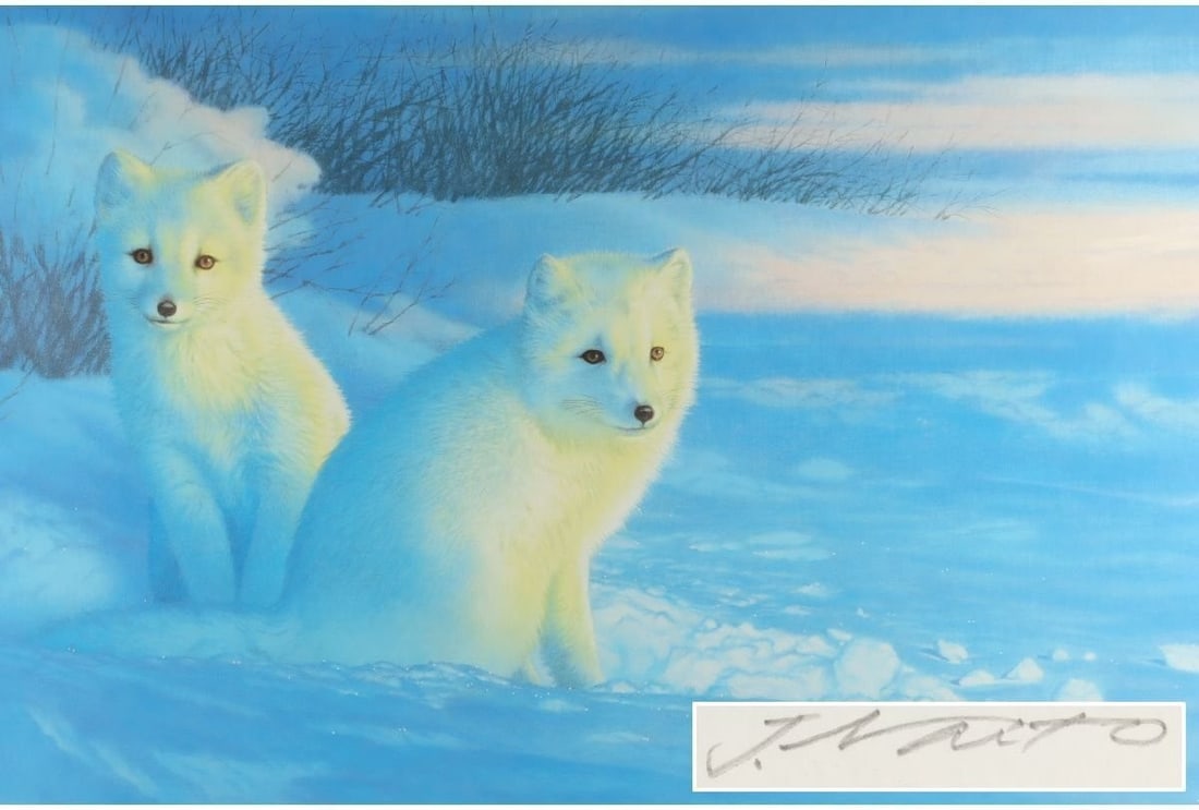 Joe Naito lithograph oil painting foxes animals snow nature landscape japanese: Joe Naito lithograph oil painting foxes animals snow nature landscape japanese Experience the serene beauty of Japan's winter landscape through Joe Naito's stunning lithograph oil painting, capturing