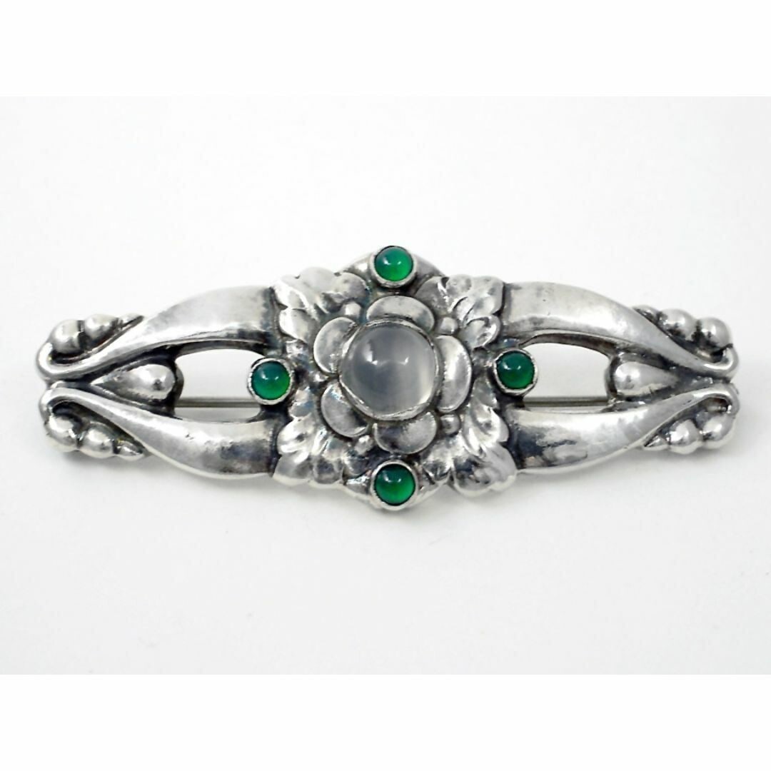 Georg Jensen Sterling Silver No.99 Green Agate and Moonstone Pin Brooch (1 of 10)