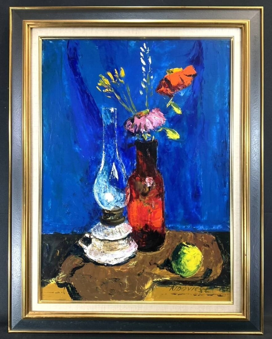Hungary Blue Large European Oil Painting of Still Life Flowers by Laszlo Lidovics Art (1 of 10)