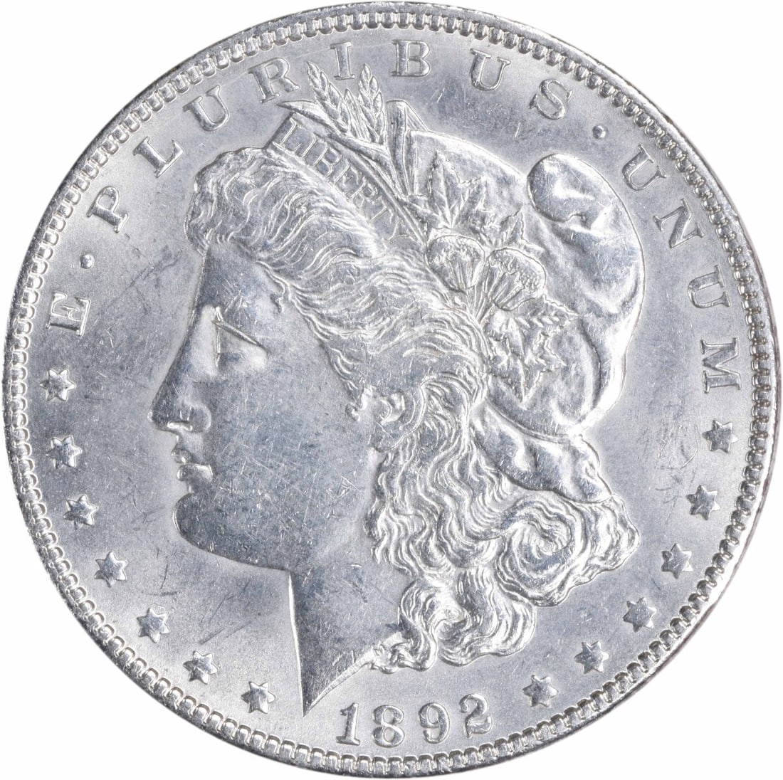 1892 Morgan Silver Dollar AU Slider Uncertified: 1892 Morgan Silver Dollar AU Slider Uncertified A stunning 1892 Morgan Silver Dollar, certified AU by the Numismatic Guaranty Corporation (NGC), boasts its original circulated condition and is now pre