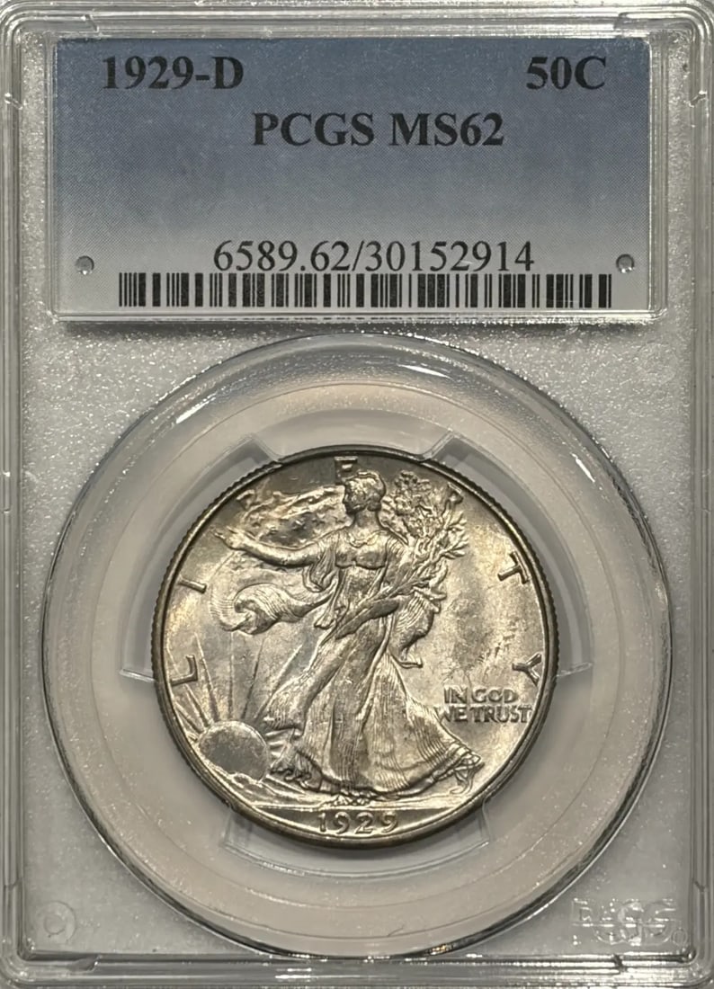 1929-D WALKING LIBERTY HALF DOLLAR PCGS MS62: 1929-D WALKING LIBERTY HALF DOLLAR PCGS MS62 Experience the iconic design of the 1929-D Walking Liberty Half Dollar, graded MS62 by PCGS, in stunning uncirculated condition. This rare coin boasts its