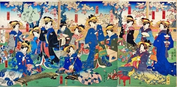Kunisada woodblock print triptych geisha kimono group cherry blossom trees japan (1 of 1)
