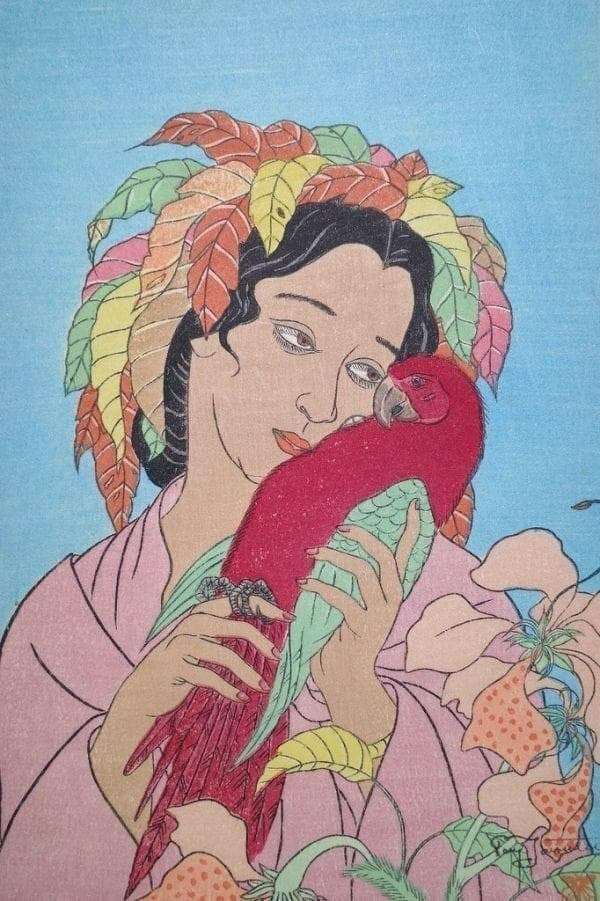 Paul Jacoulet signed authentic shin-hanga ukiyo-e heat woodblock print. (1 of 6)