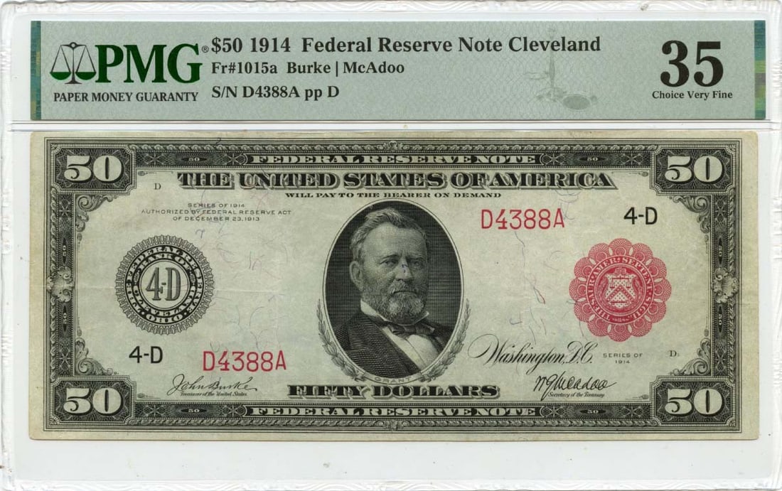 1914 $50 Federal Reserve Note Cleveland FR#1015a PMG VF35 Red Seal GCC Green: 1914 $50 Federal Reserve Note Cleveland FR#1015a PMG VF35 Red Seal GCC Green A rare and highly sought-after 1914 $50 Federal Reserve Note, certified by PMG as VF35, boasts the distinctive Red Seal des