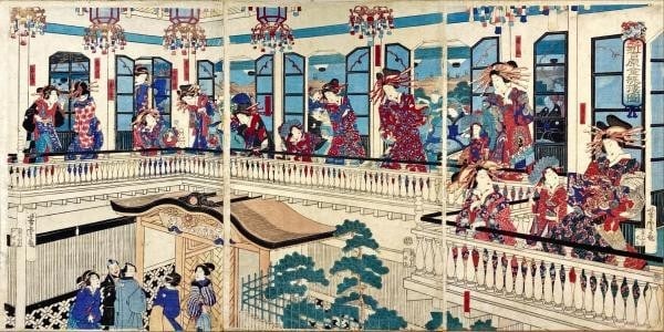 Yoshitora woodblock print triptych geisha kimono makeup crowd balcony japanese (1 of 1)