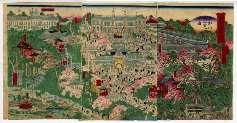 Kyousai woodblock print triptych people cherry blossom trees Japan architecture (1 of 4)