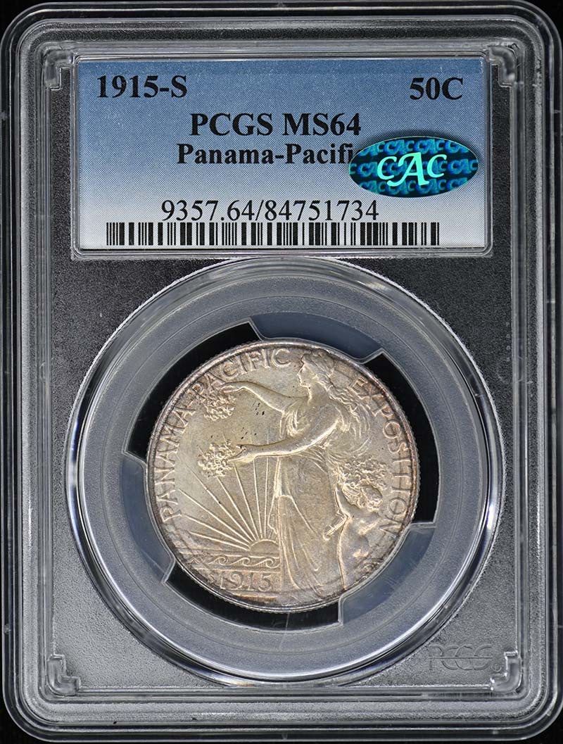 PANAMA PACIFIC 1915-S 50C Silver Commemorative PCGS MS64 (CAC): PANAMA PACIFIC 1915-S 50C Silver Commemorative PCGS MS64 (CAC) A rare and beautiful piece of American numismatic history, the 1915-S Panama Pacific 50c Silver Commemorative is a stunning example of MS