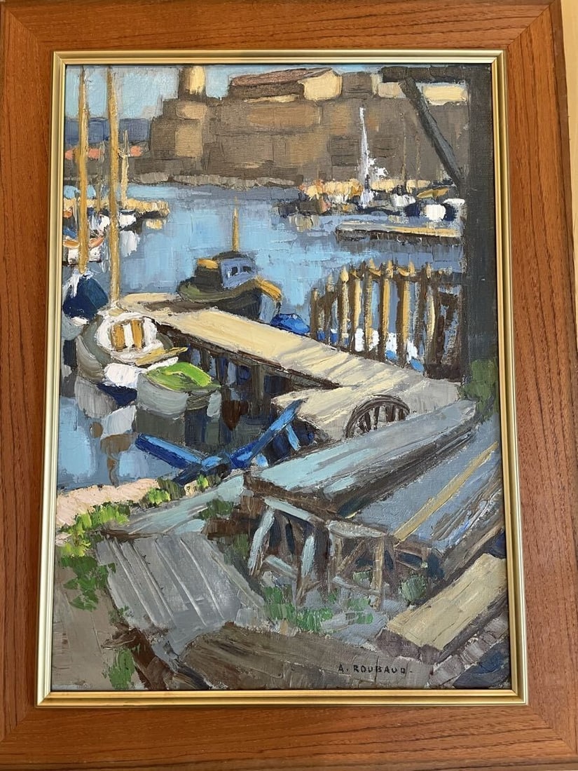 Andre Rounaud Original Oil Painting of a Large Signed French Harbor Scene (1 of 9)