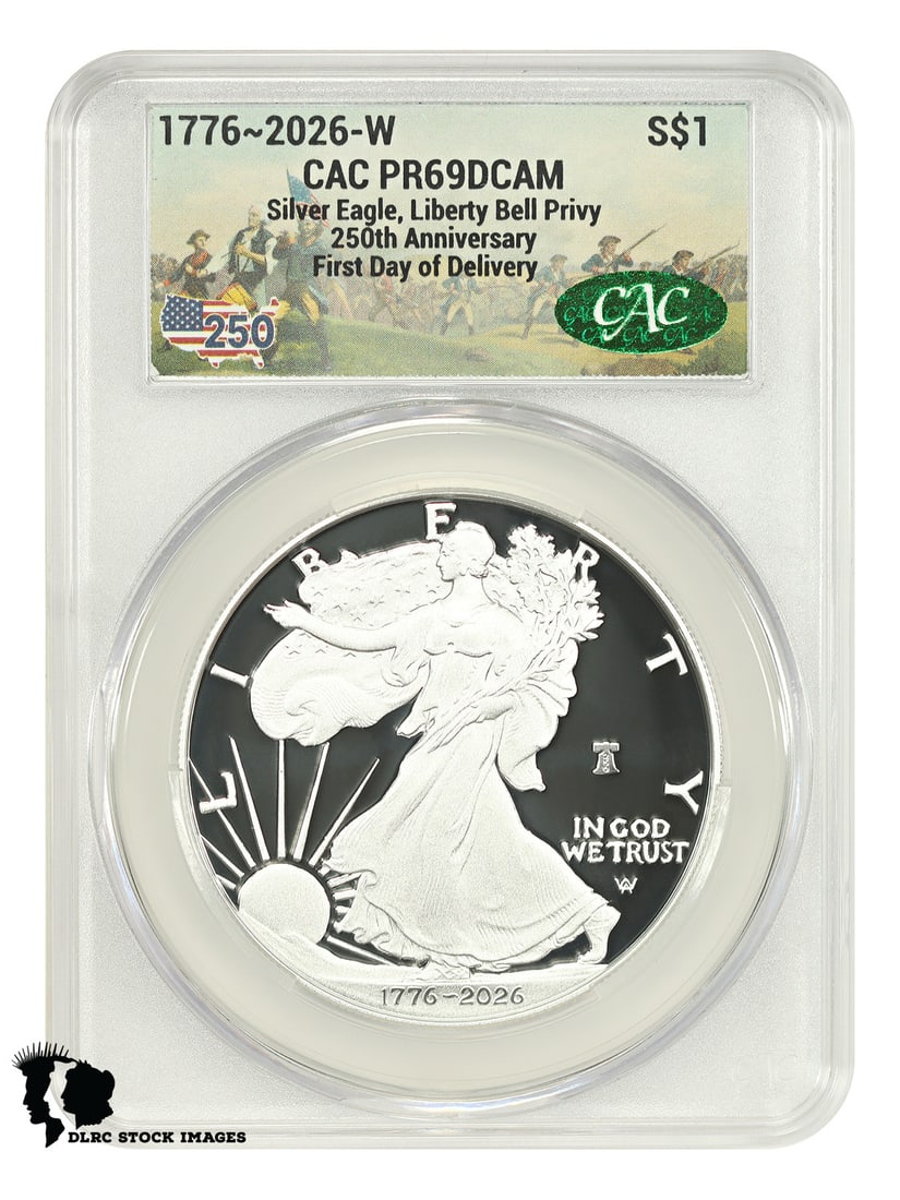 2026-W $1 Silver Eagle CACG PR69DCAM (Liberty Bell 250 Privy, First Day of Deliv: 2026-W $1 Silver Eagle CACG PR69DCAM (Liberty Bell 250 Privy, First Day of Deliv Get your hands on one of the first 2026-W Silver Eagles, minted at West Point and certified by CACG as PR69DCAM. This s