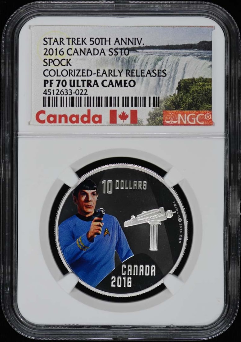 NGC PR70DCAM SPOCK EARLY RELEASES 2016 CANADA: NGC PR70DCAM SPOCK EARLY RELEASES 2016 CANADA A rare and highly sought-after early release from the Canadian Spock series, this NGC PR70DCAM coin boasts pristine condition and stunning visual appeal.