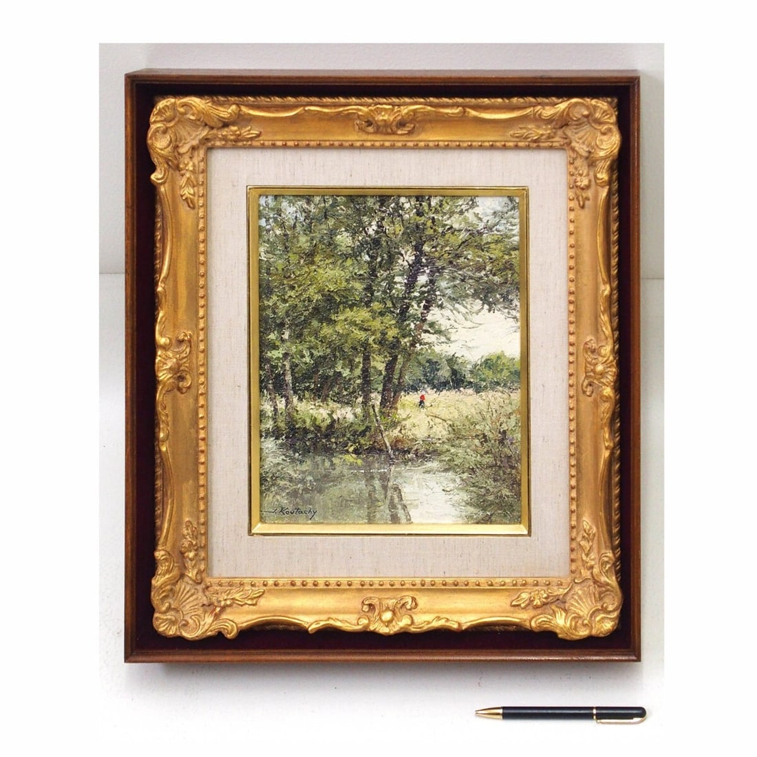 Oil painting of forest pond signed by Joseph Koutachy landscape from France.: Oil painting of forest pond signed by Joseph Koutachy landscape from France. Experience the serene beauty of a French forest pond, captured in vivid detail by renowned artist Joseph Koutachy. This stu