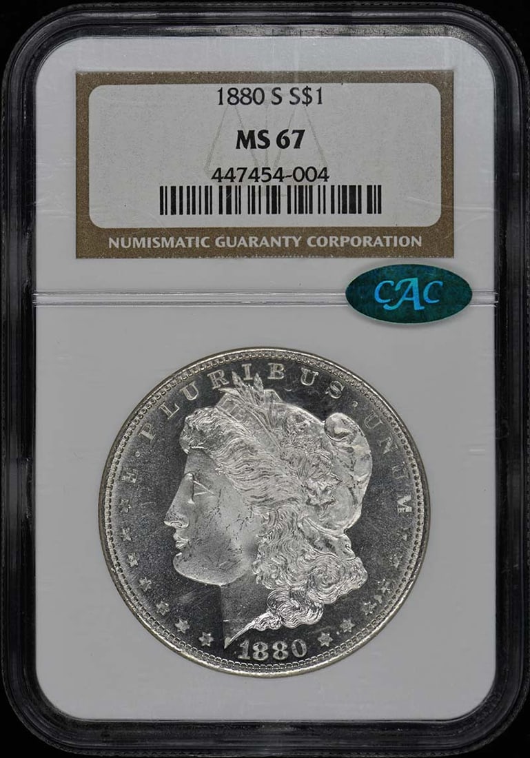 NGC MS67 1880-S Morgan Dollar CAC: NGC MS67 1880-S Morgan Dollar CAC A rare and highly sought-after 1880-S Morgan Dollar, graded MS67 by the Numismatic Guaranty Corporation (NGC), boasts exceptional condition and authenticity. Certifie