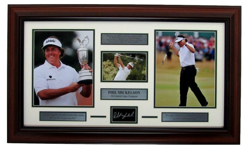 Phil Mickelson Framed Photo Collage with Laser Engraved British Open Autograph: Phil Mickelson Framed Photo Collage with Laser Engraved British Open Autograph Get ready to tee off with one of golf's greatest legends, Phil Mickelson! This stunning framed photo collage showcases