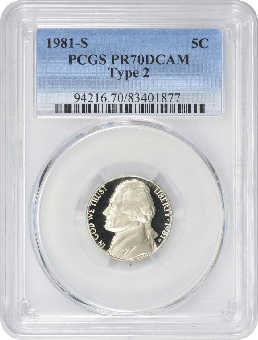 PCGS Jefferson Nickel Type 2 1981-S PR70DCAM: PCGS Jefferson Nickel Type 2 1981-S PR70DCAM A rare and highly sought-after Jefferson Nickel, the 1981-S Type 2 is a true treasure for collectors. With its stunning PR70DCAM grade from PCGS, this