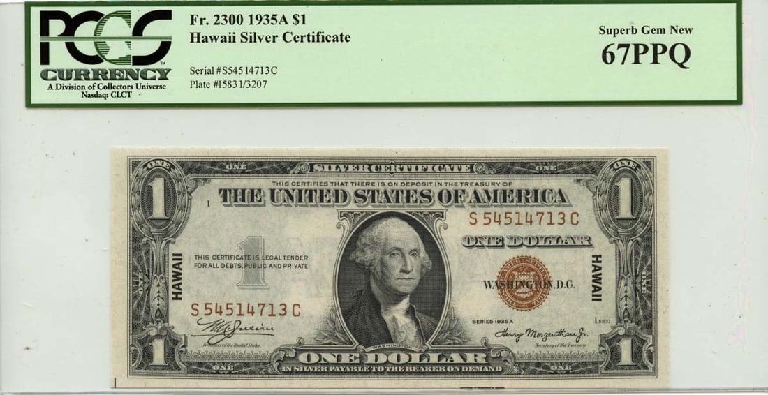 1935A $1 Hawaii Federal Reserve NoteFR#2300 PCGS Gem67 PPQ: 1935A $1 Hawaii Federal Reserve NoteFR#2300 PCGS Gem67 PPQ Experience the rare beauty of a 1935A $1 Hawaii Federal Reserve Note, certified by PCGS as a Gem67 PPQ. This uncirculated note is one of the