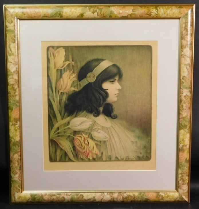 Paul Berthon Original Lithograph c.1900 Art Nouveau Woman Profile Signed Frame (1 of 10)