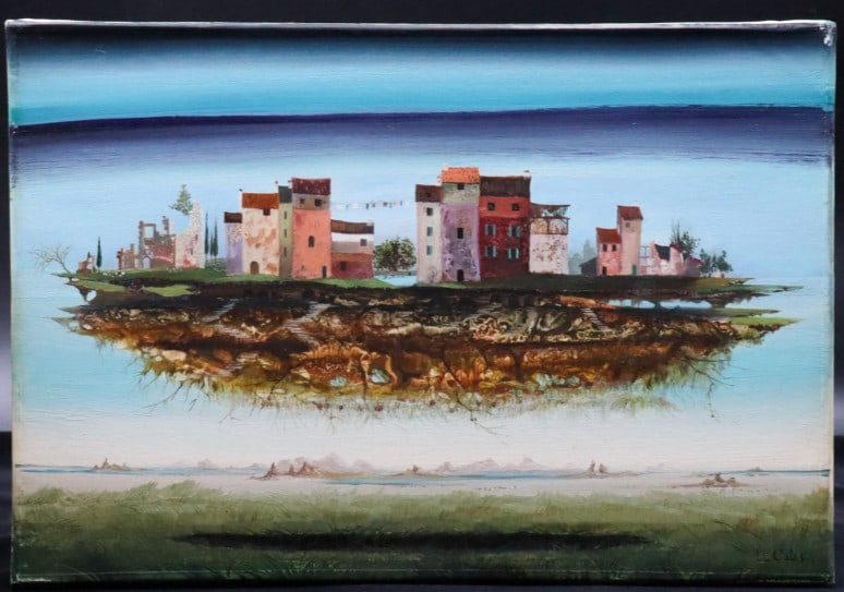 Pierre Le Colas (France) Village Volant Floating Island Surreal Oil Painting P5 (1 of 10)