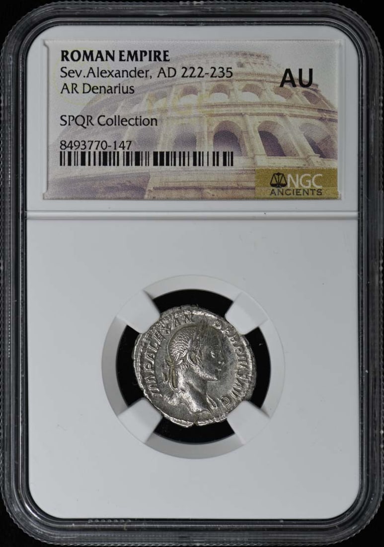 Sev.Alexander, AD 222-235 ROMAN EMPIRE AR Denarius NGC AU50: Sev.Alexander, AD 222-235 ROMAN EMPIRE AR Denarius NGC AU50 Experience the majesty of the Roman Empire with this stunning AD 222-235 Sev.Alexander Denarius, certified by NGC and graded AU50 for its ex