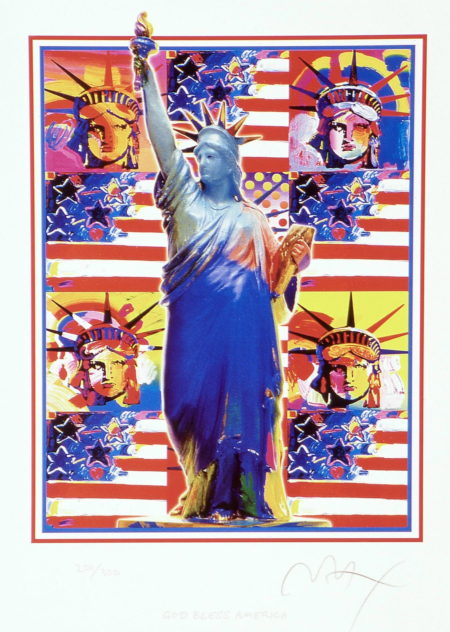 Peter Max, God Bless America, Hand Signed, Official Lithograph: Peter Max, God Bless America, Hand Signed, Official Lithograph Experience the vibrant spirit of American patriotism with Peter Max's iconic "God Bless America," a hand-signed official lithograph that