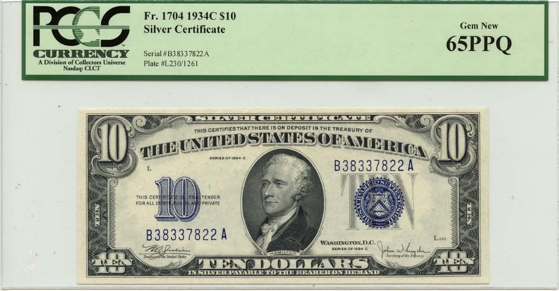 1934C $10 Silver Certificate Blue Julian Snyder Fr# 1704 PCGS GEM 65 PPQ (1 of 1)