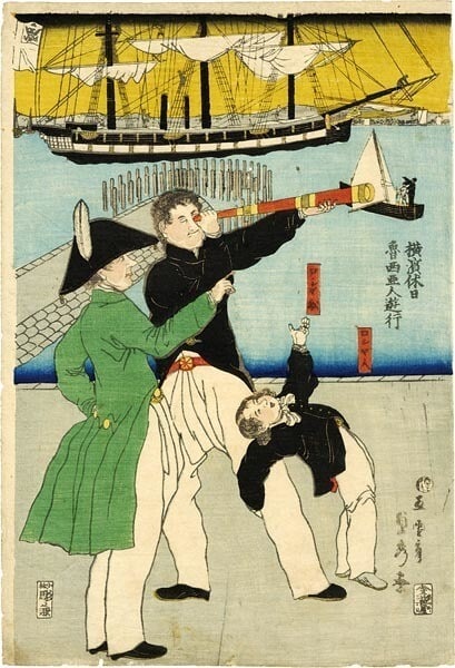 Sadahide Utagawa Japan Woodblock Prints Telescope Yokohama Port Ship Coast Men: Sadahide Utagawa Japan Woodblock Prints Telescope Yokohama Port Ship Coast Men Experience the rich history of Japanese art with this stunning Sadahide Utagawa woodblock print, showcasing a breathtakin