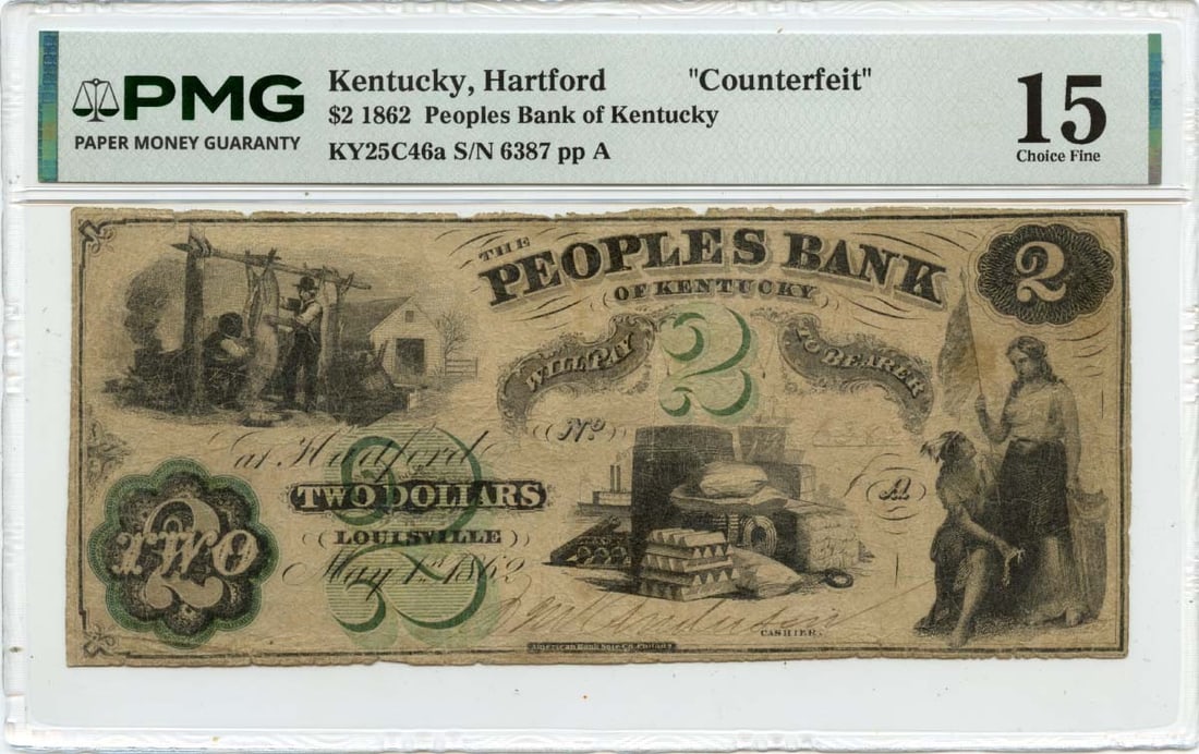 1862 $2 Hartford, Kentucky Obsolete Note Peoples Bank PMG F15 Counterfeit (1 of 1)