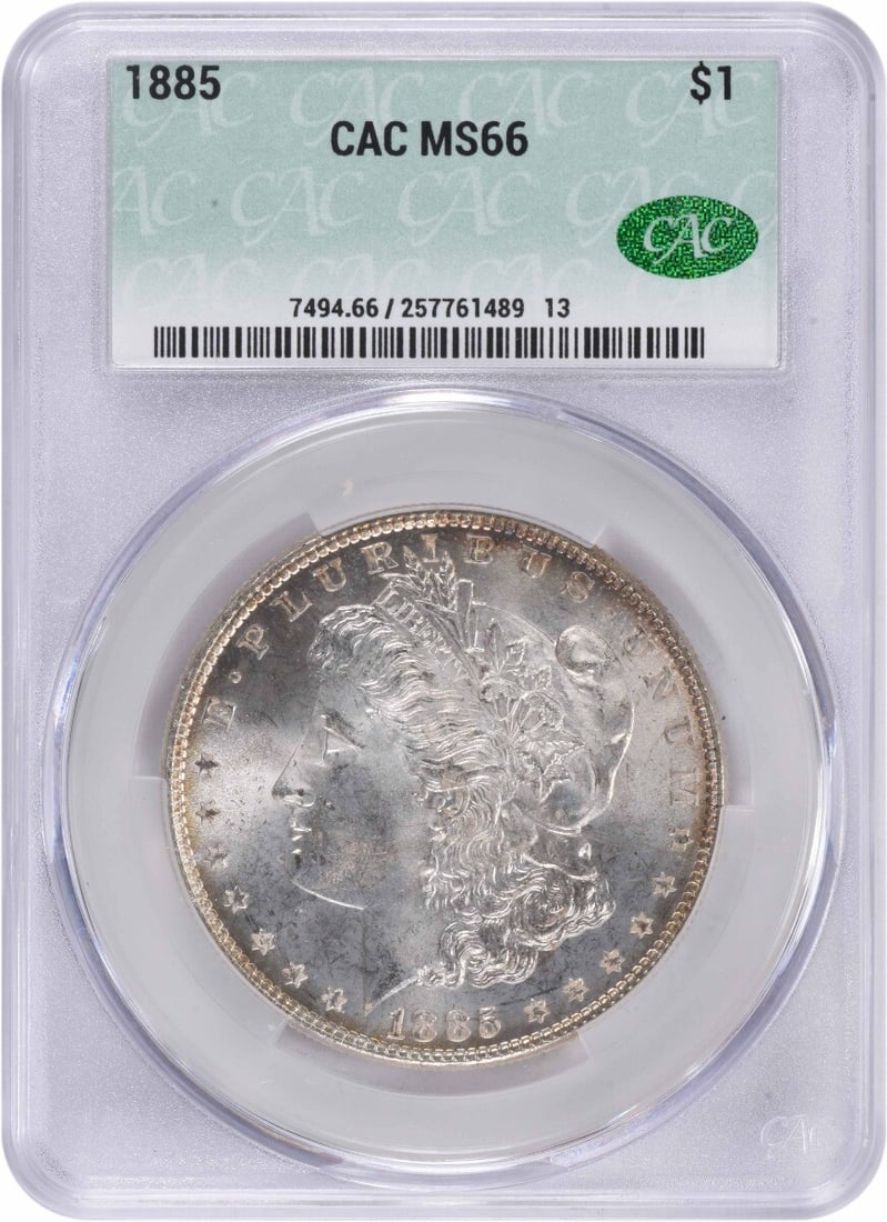 1885 Morgan Silver Dollar MS66 CACG: 1885 Morgan Silver Dollar MS66 CACG Experience the majesty of American numismatics with this exquisite 1885 Morgan Silver Dollar, graded MS66 by CACG and boasting a stunning CACG certification. With i