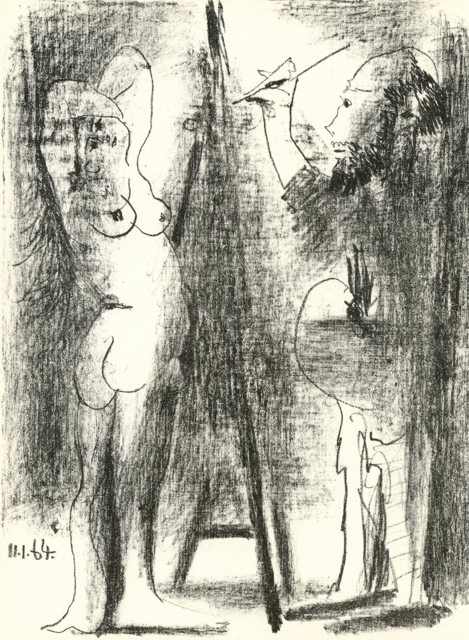Pablo Picasso, The Painter and His Model II, from L'Atelier Mourlot, Lithograph, 1965: Pablo Picasso, The Painter and His Model II, from L'Atelier Mourlot, Lithograph, 1965 Experience the masterful exploration of Pablo Picasso in Le Peintre et son modele II, a lithograph from the