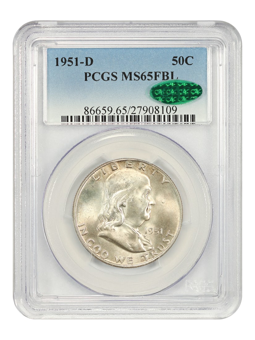 1951-D 50C PCGS/ CAC MS65FBL - Franklin Half Dollar: 1951-D 50C PCGS/ CAC MS65FBL - Franklin Half Dollar Experience the iconic Franklin Half Dollar from 1951, certified by PCGS and CAC as MS65FBL. This stunning example boasts exceptional detail and